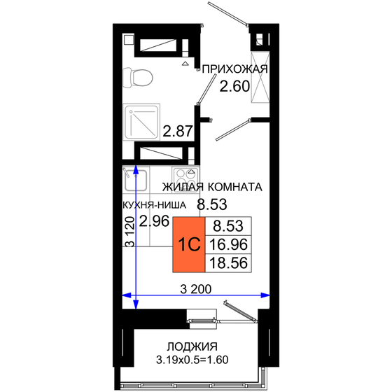 18,6 м², квартира-студия 2 654 080 ₽ - изображение 1