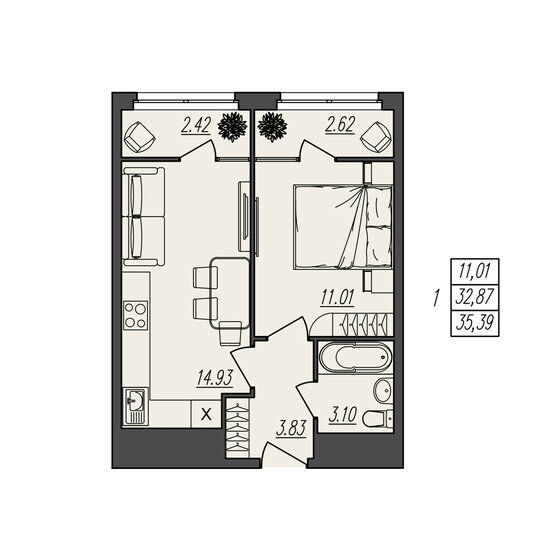 35,4 м², 1-комнатная квартира 5 839 350 ₽ - изображение 1