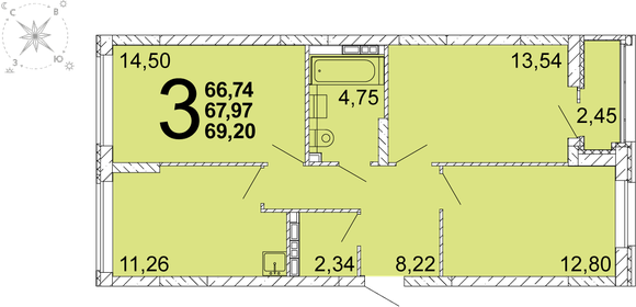 Квартира 67,7 м², 3-комнатная - изображение 1