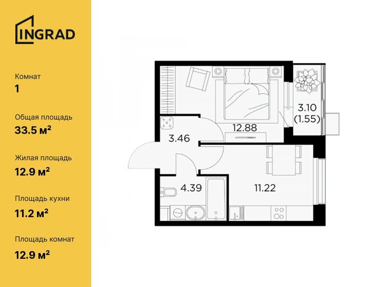 33,5 м², 1-комнатная квартира 7 756 598 ₽ - изображение 1