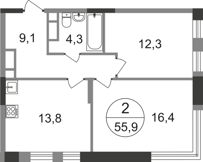 55,9 м², 2-комнатная квартира 14 295 682 ₽ - изображение 1