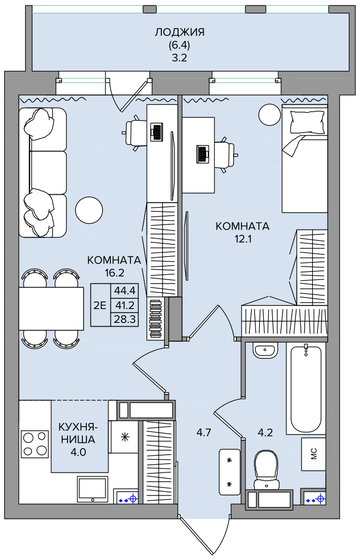 44,4 м², 2-комнатная квартира 5 950 000 ₽ - изображение 1