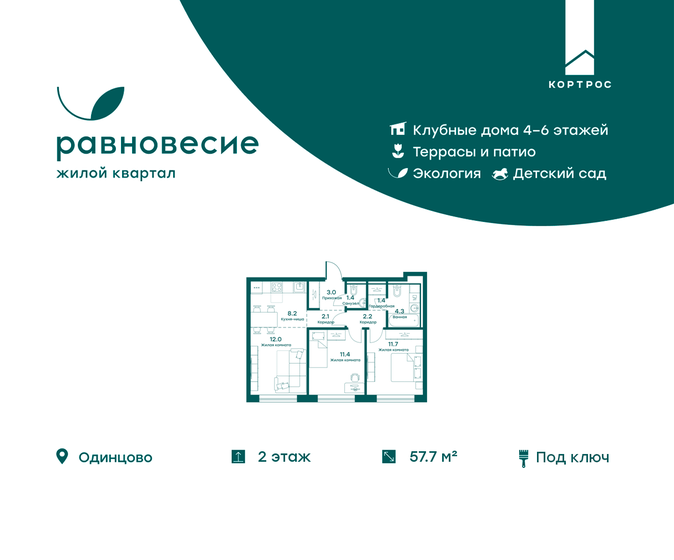 57,7 м², 3-комнатная квартира 10 965 631 ₽ - изображение 1