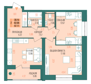 62 м², 2-комнатная квартира 7 290 000 ₽ - изображение 59