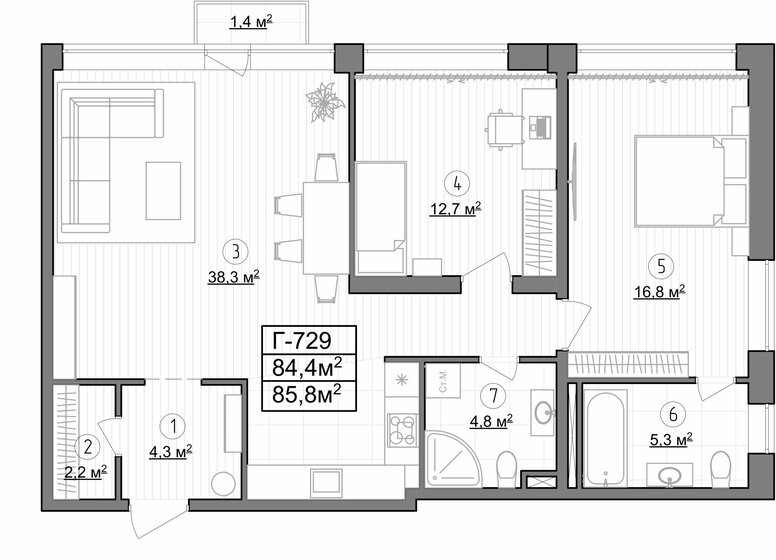 85,8 м², 2-комнатные апартаменты 24 000 000 ₽ - изображение 1