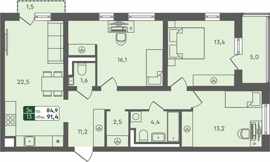 91,4 м², 3-комнатная квартира 10 289 264 ₽ - изображение 1