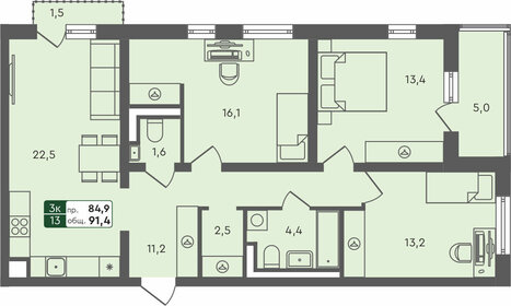 Квартира 91,4 м², 3-комнатная - изображение 1