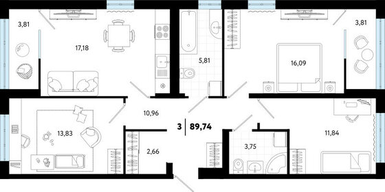 Квартира 89,7 м², 3-комнатная - изображение 1