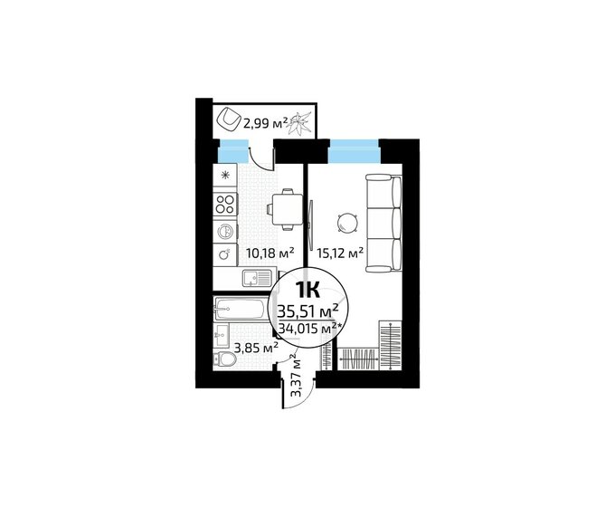 35,5 м², 1-комнатная квартира 3 474 192 ₽ - изображение 1