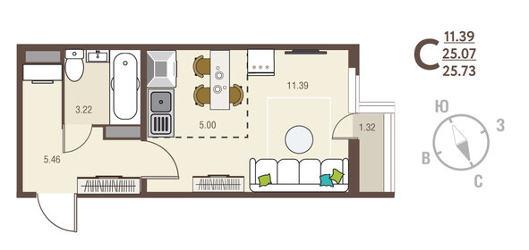 Квартира 25,7 м², студия - изображение 1