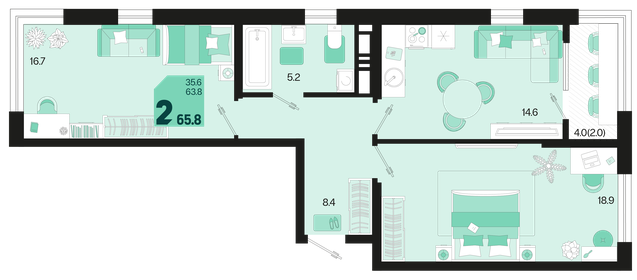 65,8 м², 2-комнатная квартира 8 527 680 ₽ - изображение 15