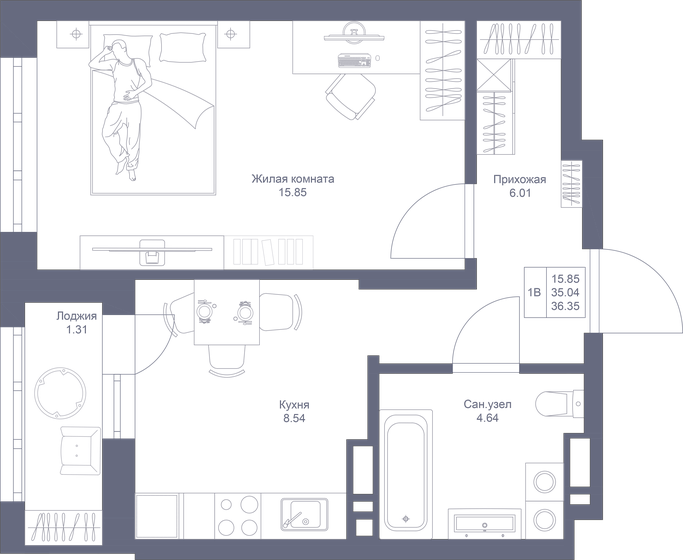 36,4 м², 1-комнатная квартира 8 724 000 ₽ - изображение 1