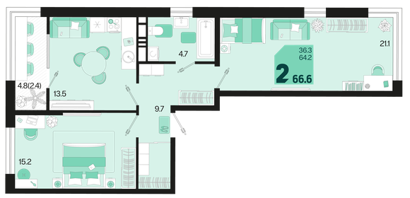 65,8 м², 2-комнатная квартира 8 527 680 ₽ - изображение 9