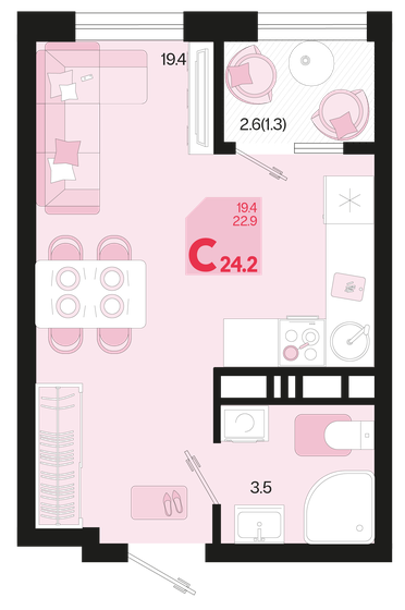 24,2 м², 1-комнатная квартира 3 847 800 ₽ - изображение 1