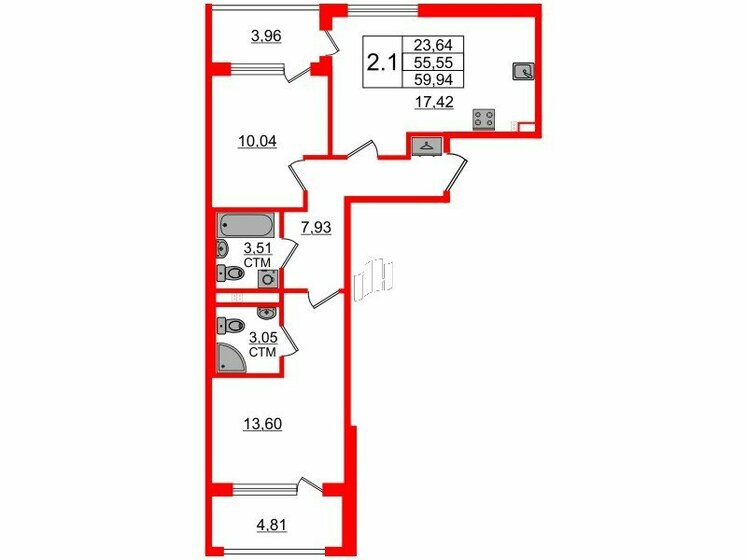55,6 м², 2-комнатная квартира 12 950 296 ₽ - изображение 26