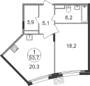 Квартира 53,7 м², 1-комнатная - изображение 1