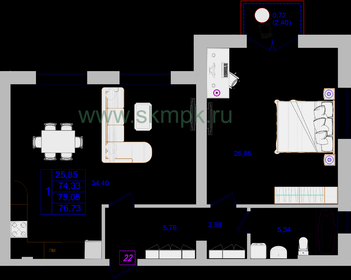 Квартира 76,7 м², 1-комнатные - изображение 1