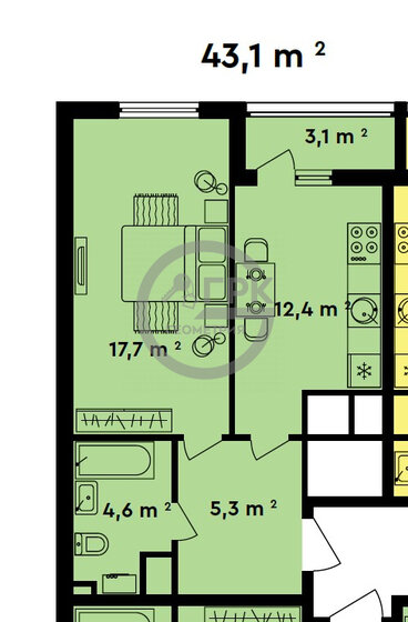 43,1 м², 1-комнатная квартира 9 600 000 ₽ - изображение 1
