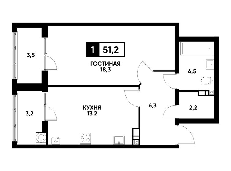 51,2 м², 1-комнатная квартира 4 945 920 ₽ - изображение 1