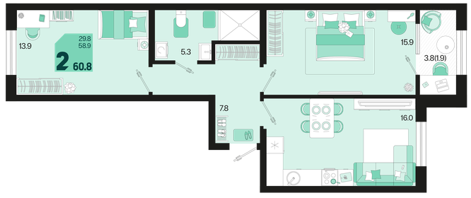 61,7 м², 2-комнатная квартира 8 705 870 ₽ - изображение 15