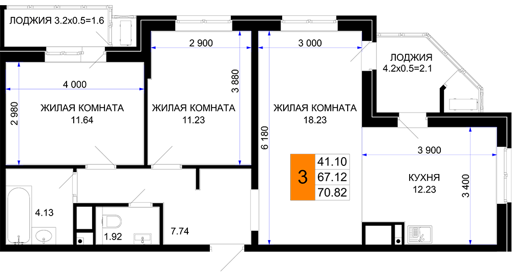 70,8 м², 3-комнатная квартира 8 285 940 ₽ - изображение 1