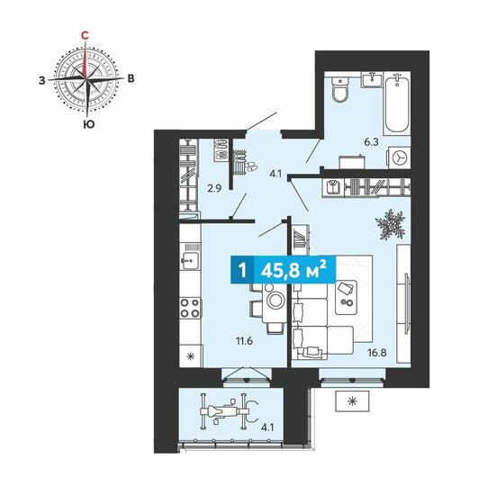 45,8 м², 1-комнатная квартира 4 326 880 ₽ - изображение 1