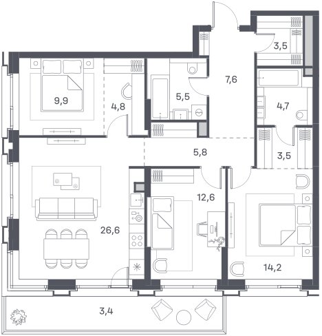 102,6 м², 3-комнатная квартира 51 473 188 ₽ - изображение 1