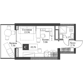 Квартира 32,6 м², студия - изображение 1