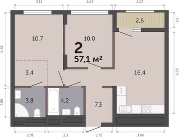 Квартира 57,1 м², 2-комнатная - изображение 1