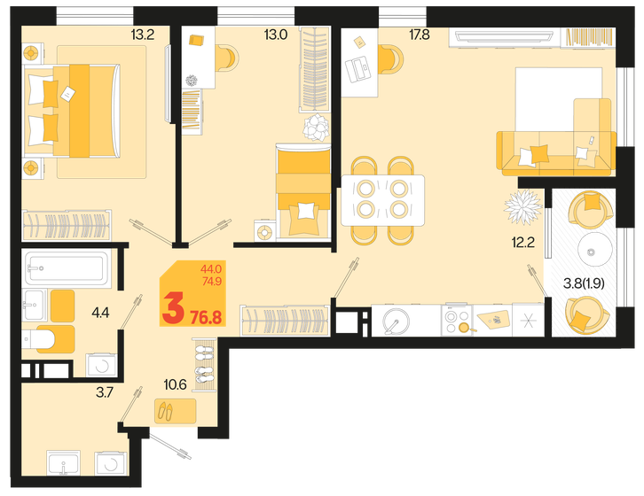 76,8 м², 3-комнатная квартира 9 600 000 ₽ - изображение 1