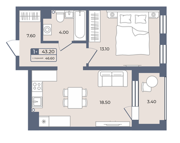 Квартира 43,2 м², 1-комнатная - изображение 1