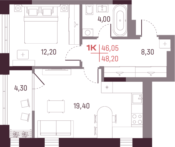 46,1 м², 1-комнатная квартира 8 150 850 ₽ - изображение 1
