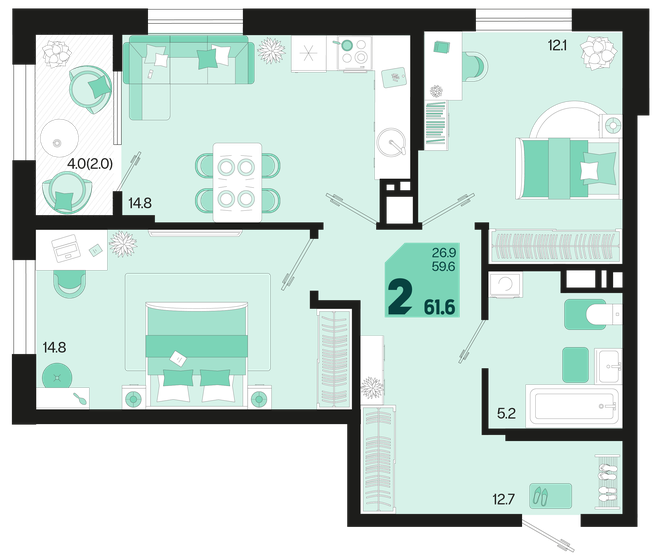 61,6 м², 2-комнатная квартира 7 946 400 ₽ - изображение 1