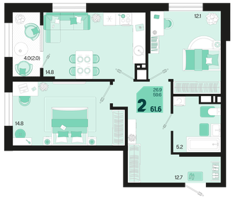 61,6 м², 2-комнатная квартира 8 069 600 ₽ - изображение 3