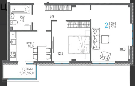 Квартира 56,3 м², 1-комнатная - изображение 1