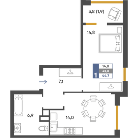 Квартира 44,7 м², 1-комнатная - изображение 1