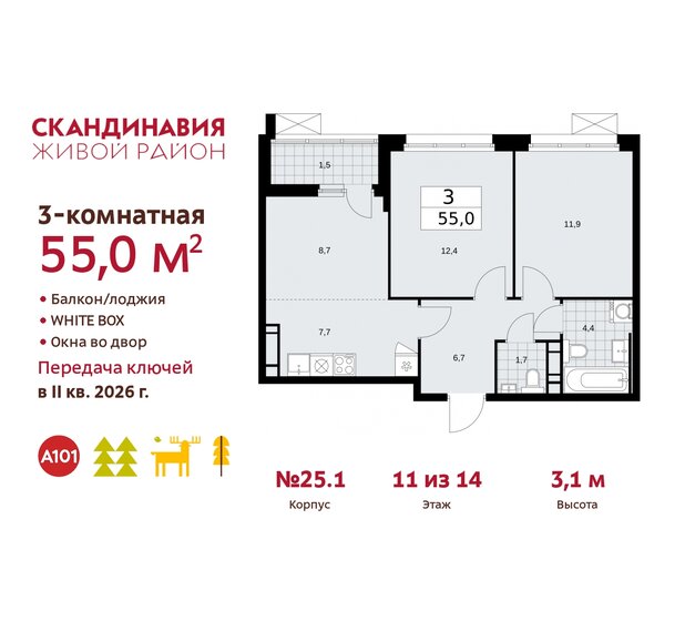 55 м², 3-комнатная квартира 16 314 221 ₽ - изображение 29