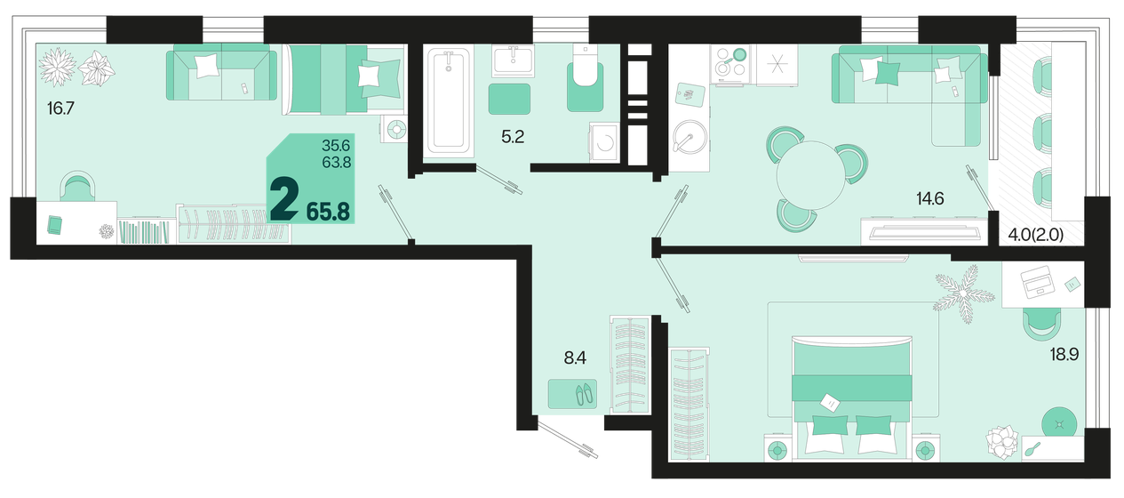 65,8 м², 2-комнатная квартира 8 527 680 ₽ - изображение 1