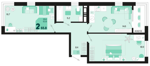 Квартира 65,8 м², 2-комнатная - изображение 1