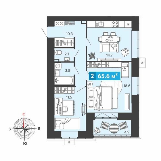 65,6 м², 2-комнатная квартира 5 569 830 ₽ - изображение 1