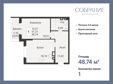 Квартира 48,7 м², 1-комнатная - изображение 1