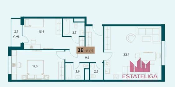 Квартира 87,3 м², 2-комнатная - изображение 1