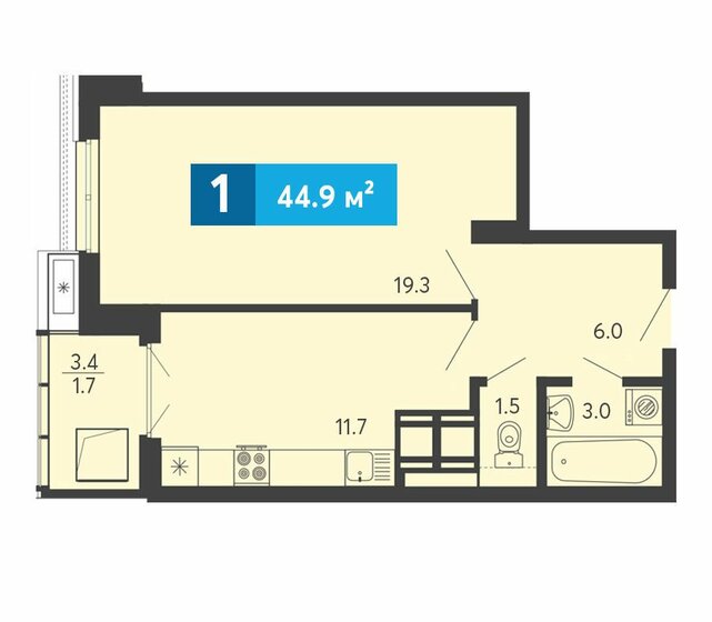 44,9 м², 1-комнатная квартира 4 752 000 ₽ - изображение 1