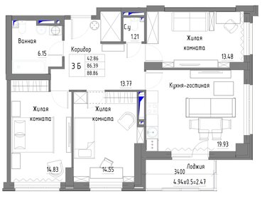 Квартира 92,3 м², 3-комнатная - изображение 1