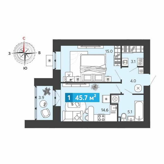 45,7 м², 1-комнатная квартира 4 121 250 ₽ - изображение 1