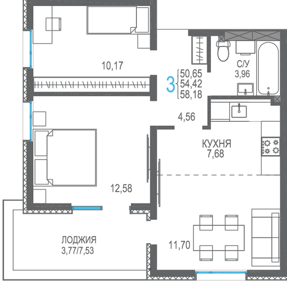 54,4 м², 3-комнатная квартира 8 979 300 ₽ - изображение 1