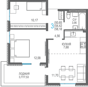 Квартира 54,4 м², 3-комнатная - изображение 1