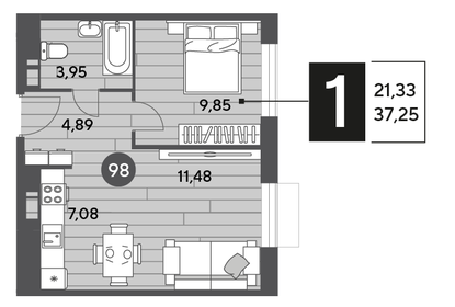 Квартира 37,3 м², 1-комнатная - изображение 1