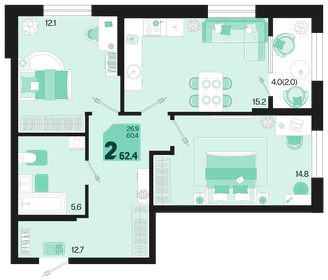 Квартира 62,4 м², 2-комнатная - изображение 1