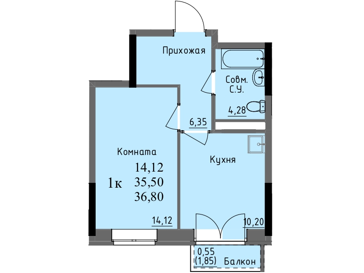 35,5 м², 1-комнатная квартира 3 860 000 ₽ - изображение 10